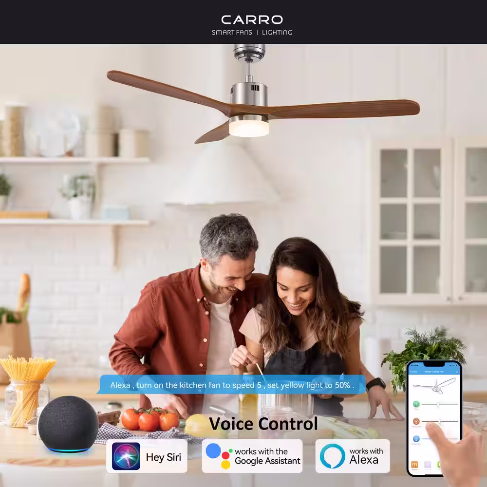 CARRO Eton 52 in. Dimmable LED Indoor/Outdoor Nickel Smart Ceiling Fan with Light and Remote, Works with Alexa/Google Home