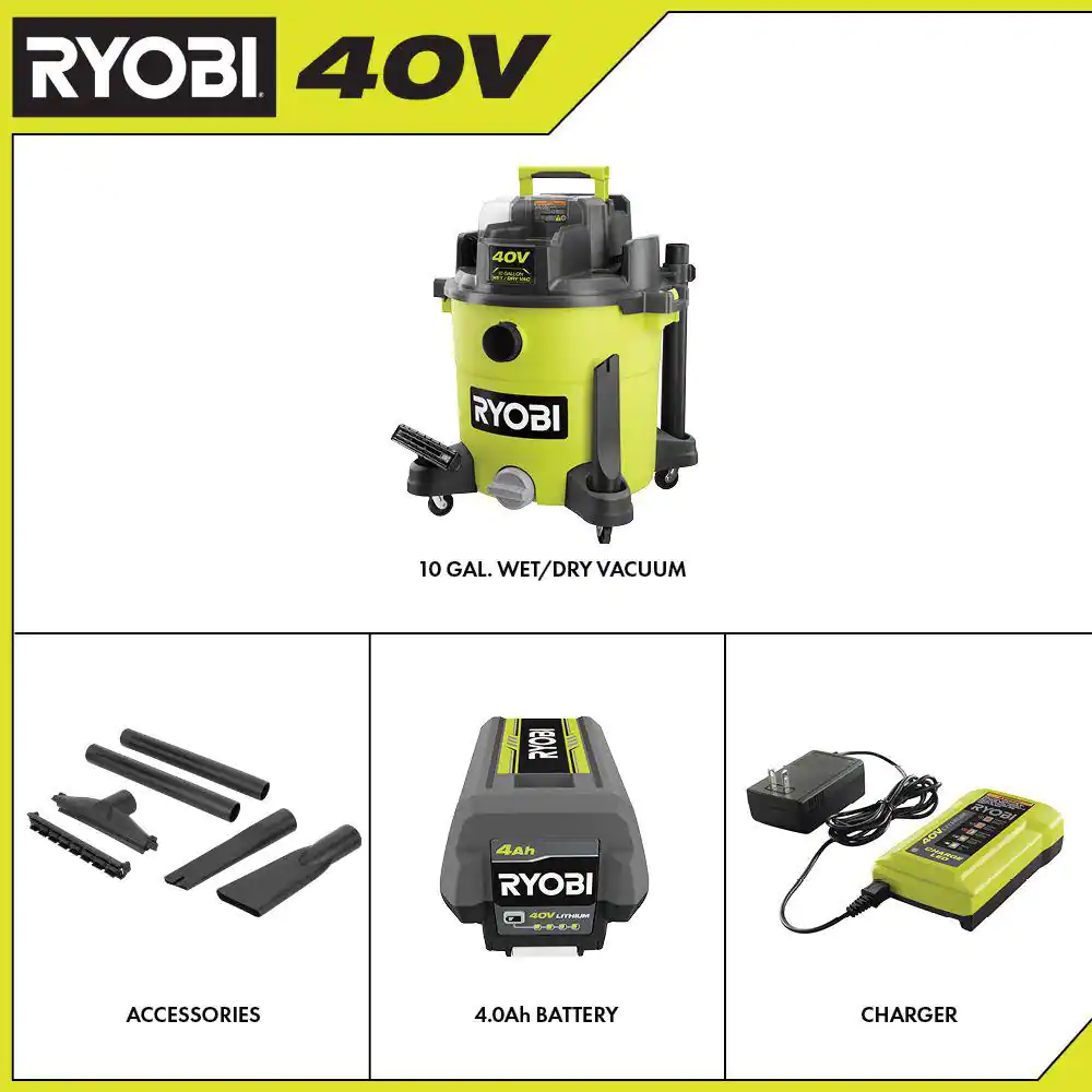 RYOBI 40V 10 Gal. Cordless Wet/Dry Vacuum Kit with 40V 4.0 Ah Battery and 40V Charger