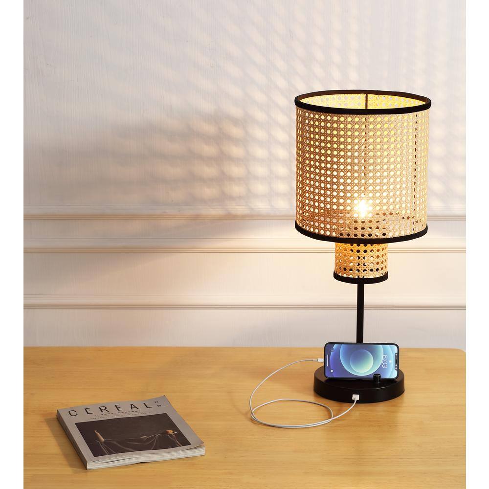 Vidalite Modern Bohemian 22 in. Beige Tan Table Lamp, 2 Tier PVC Rattan Shade With Velvet Rim, With USB Port