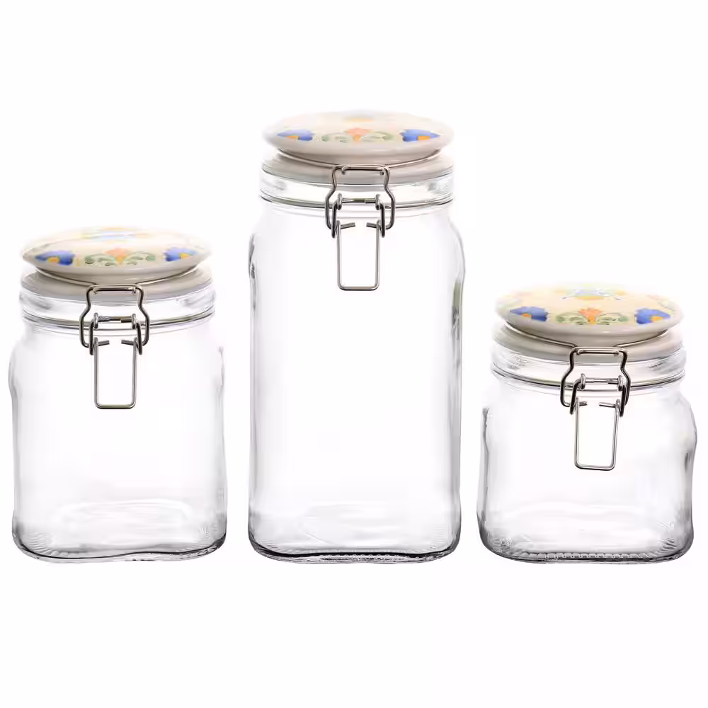 Laurie Gates California Designs Tierra 3-Piece Glass Canister Kitchen Set with Decorated Lids