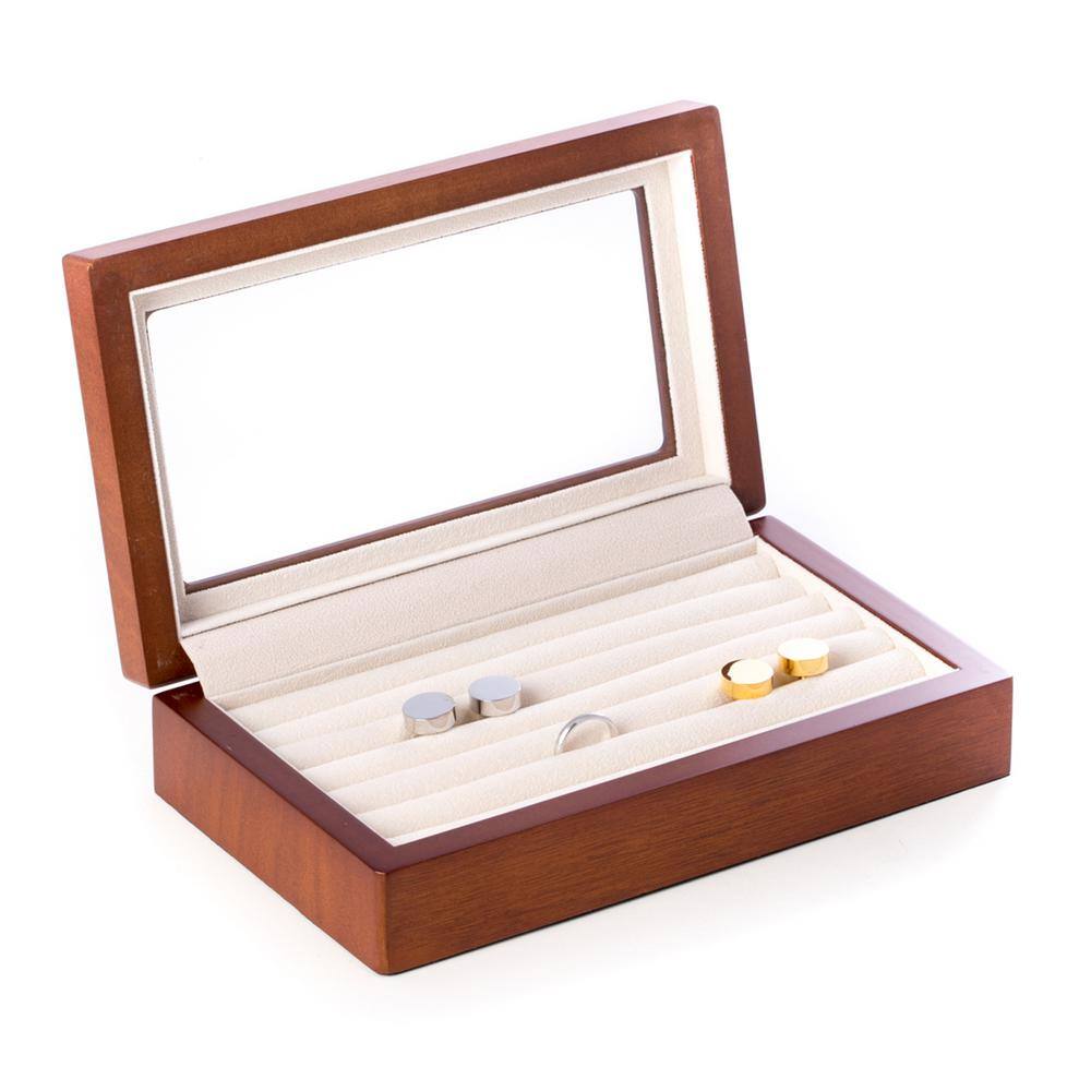 BEY-BERK Cherry Black Wood Cufflink Box with Glass Top and Velour Lining