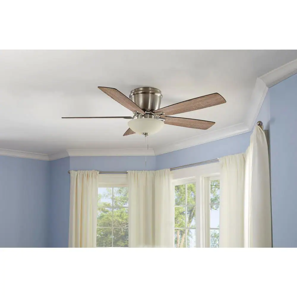 Hampton Bay Melrose 52 in. Indoor LED Brushed Nickel Hugger Dry Rated Ceiling Fan with Light Kit and 5 Reversible Blades
