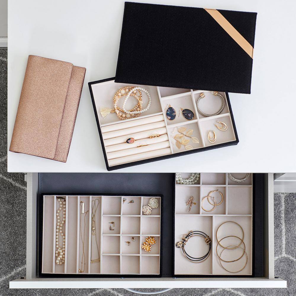 HOUSEHOLD ESSENTIALS Black Stackable Decorative Jewelry Trays (Set of 3)