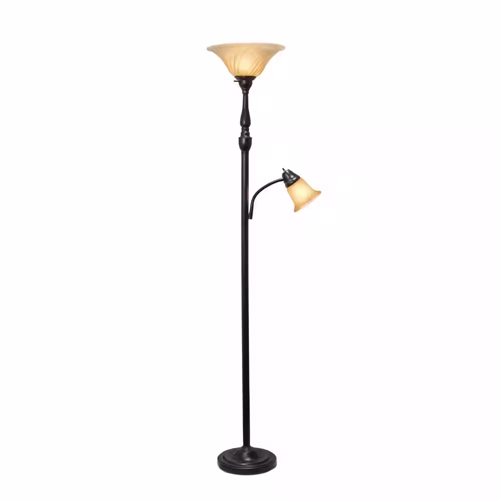 None 71 in. Restoration Bronze and Amber Torchiere Floor Lamp with 1 Reading Light and Marble Glass Shades