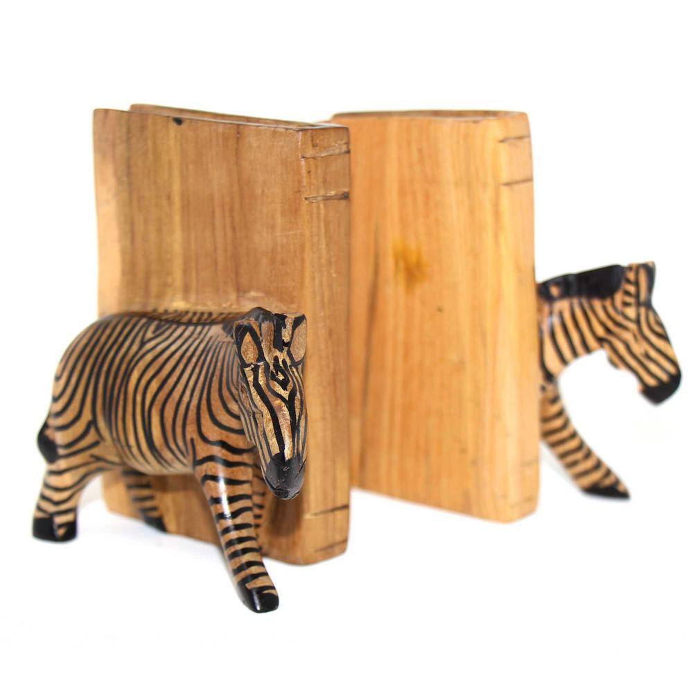 Global Craft African Carved Brown Wood Zebra 4 in. Book Ends With 1 Shelve