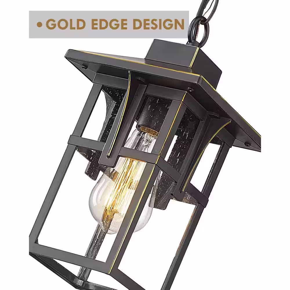 JAZAVA 1-Light Black Outdoor Pendant Outdoor Chandelier Light Hanging Light For Porch Gazebo Entry with Height Adjustable Chain