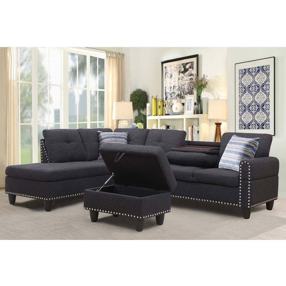 Seafuloy 97.5 in W Square Arm 3-piece L Shaped Linen Sectional Sofa in Black w/Cupholder