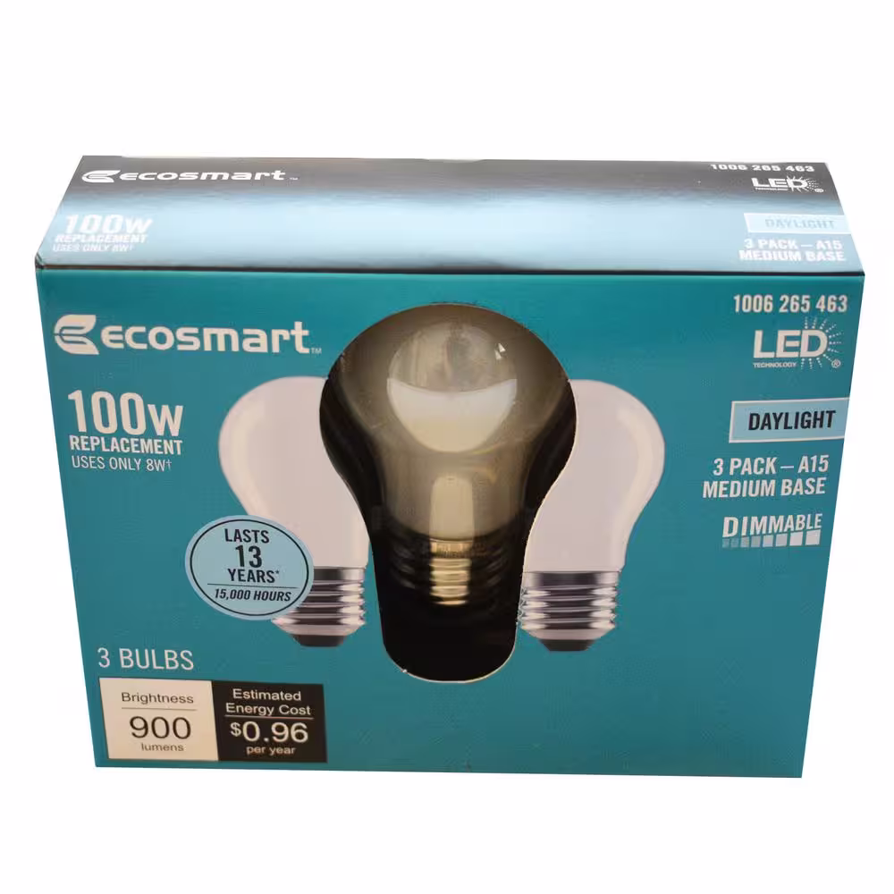 EcoSmart 100- -Watt Equivalent A15 Dimmable Appliance Fan Frosted Glass Edison Filament LED Light Bulb Daylight (3-Pack)