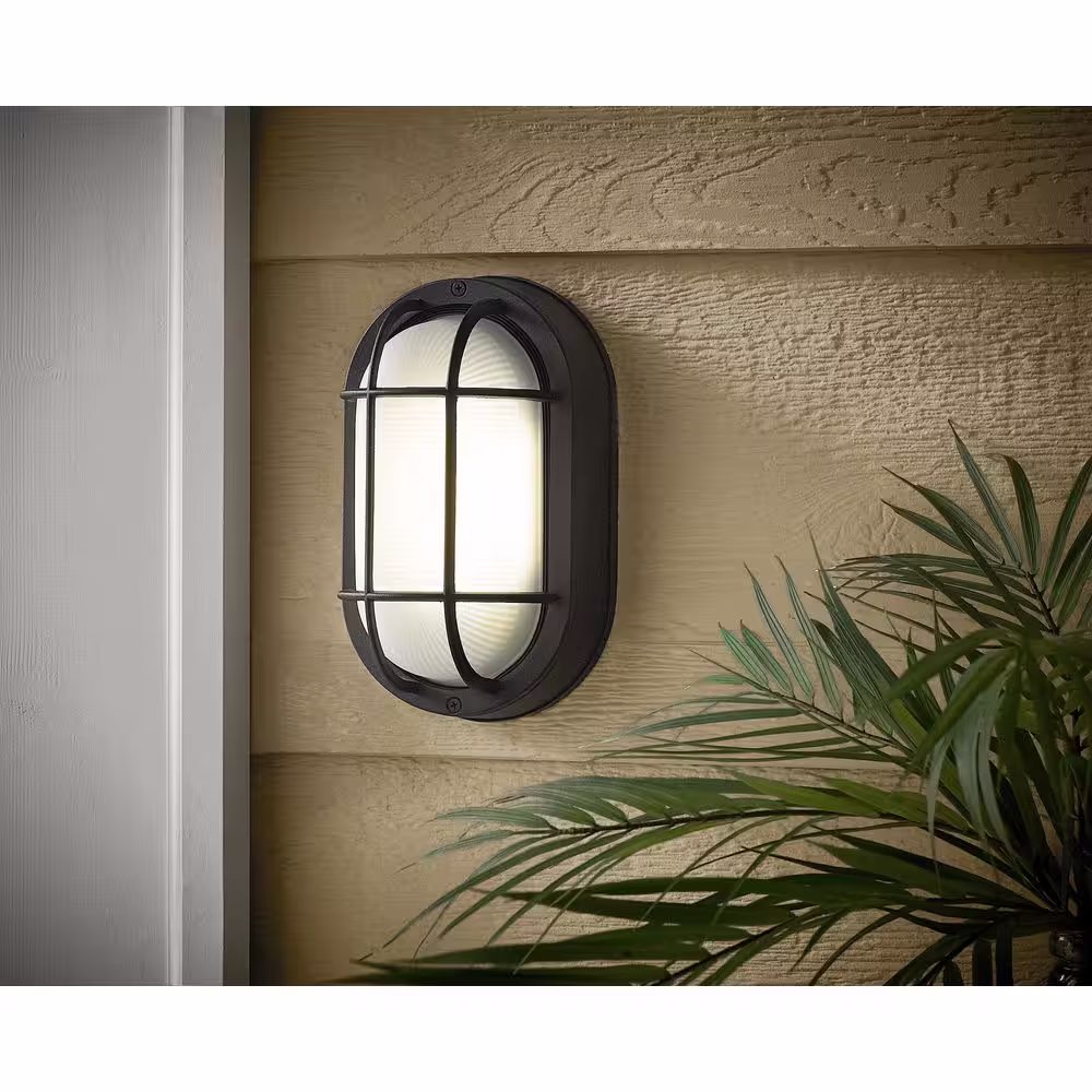 Hampton Bay 8.5 in. Black Oval 1-Light Outdoor Bulkhead Wall Lamp