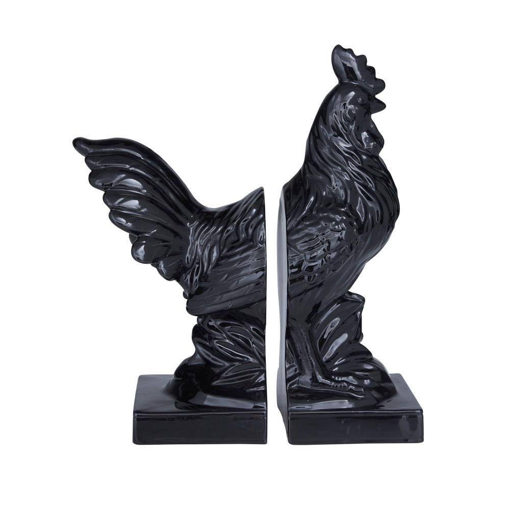 Novogratz Black Ceramic Rooster Bookends with Enamel Exterior (Set of 2)