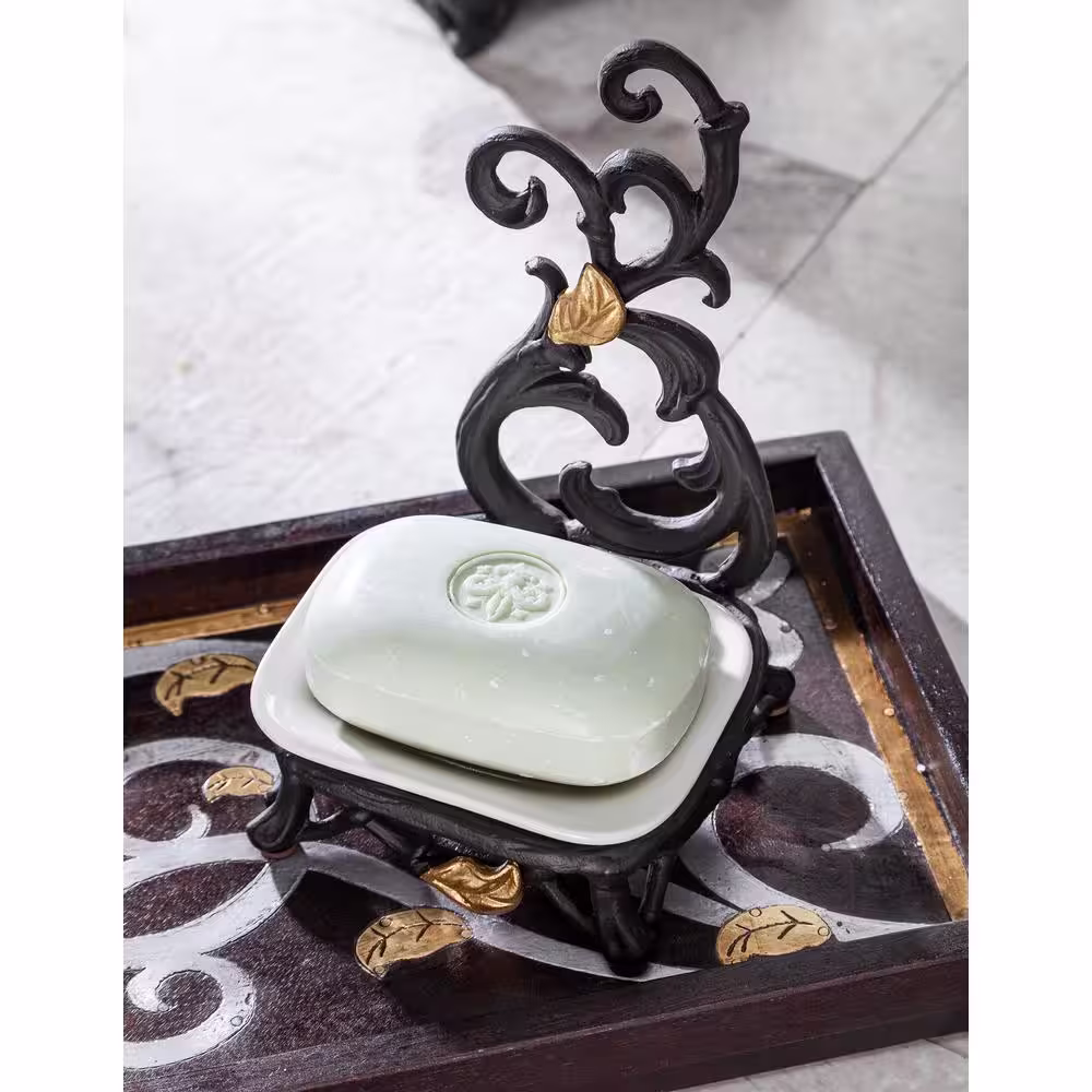 GG COLLECTION White Stoneware Spoon-Soap Rest with Metal Gold Leaf Stand