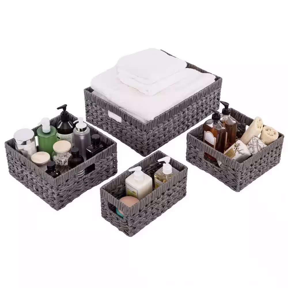 Seville Classics Handwoven Plastic Faux Wicker Modern Gray Storage Basket Set 4-Pack