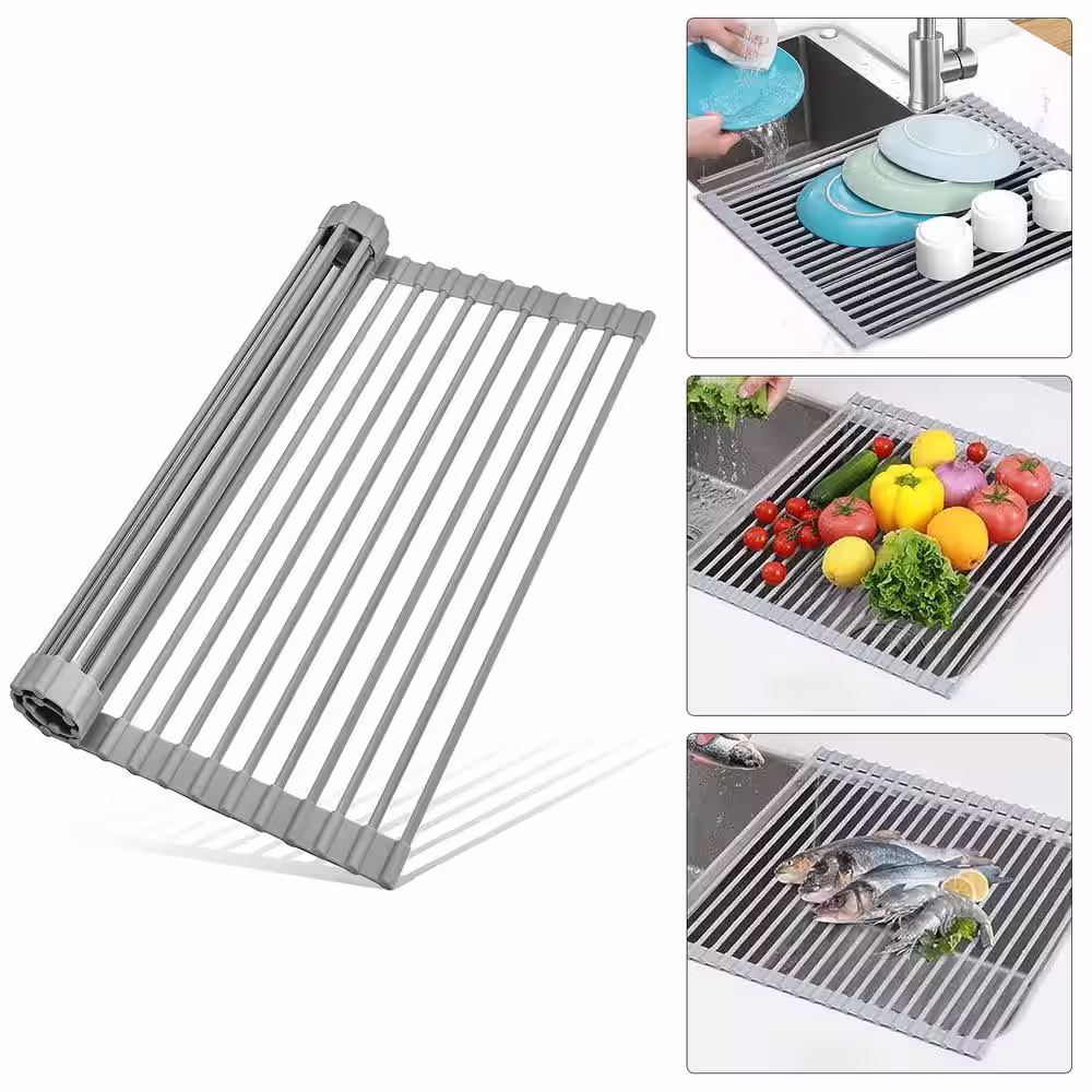 BWE 20.5 in x 13 in Roll Up Kitchen Sink Drying Dish Rack Foldable Drainer for Sink Counter Cups Fruits Vegetables In Gray