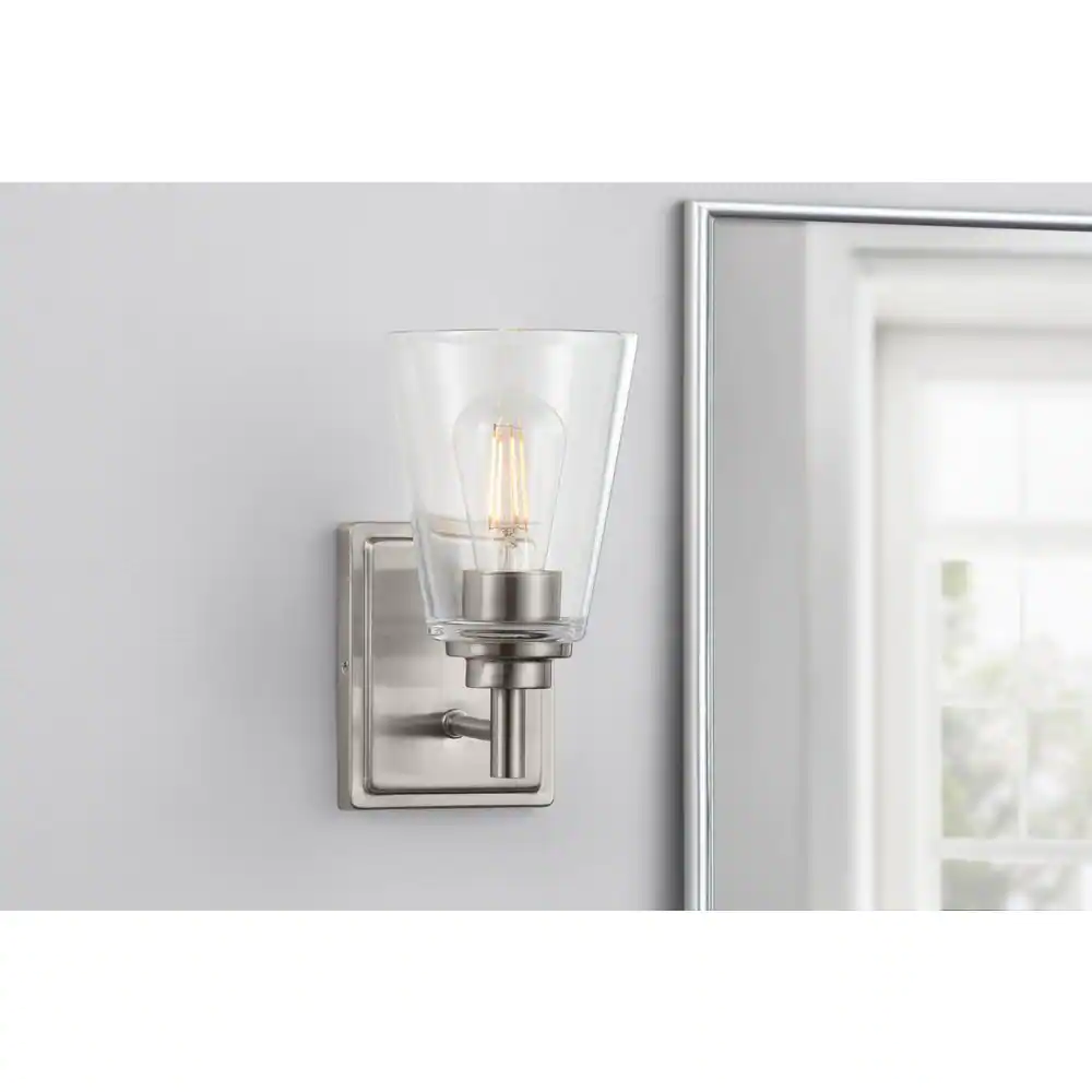 Hampton Bay Wakefield 5.25 in. 1-light Brushed Nickel Modern indoor wall sconce with Clear Glass Shade
