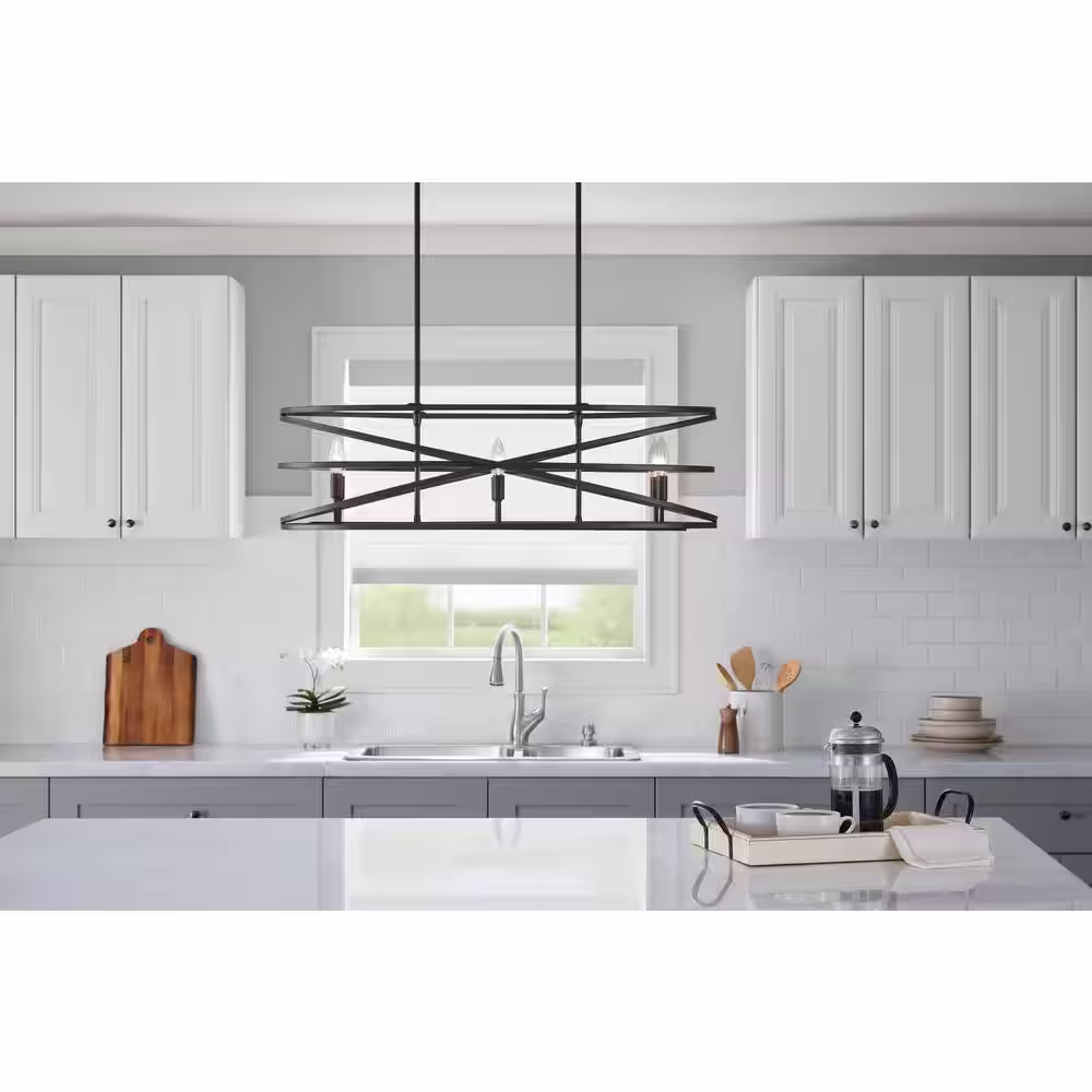 Home Decorators Collection Sarolta Sands 6-Light Bronze Kitchen Island Pendant Light Fixture with Linear Metal Shade