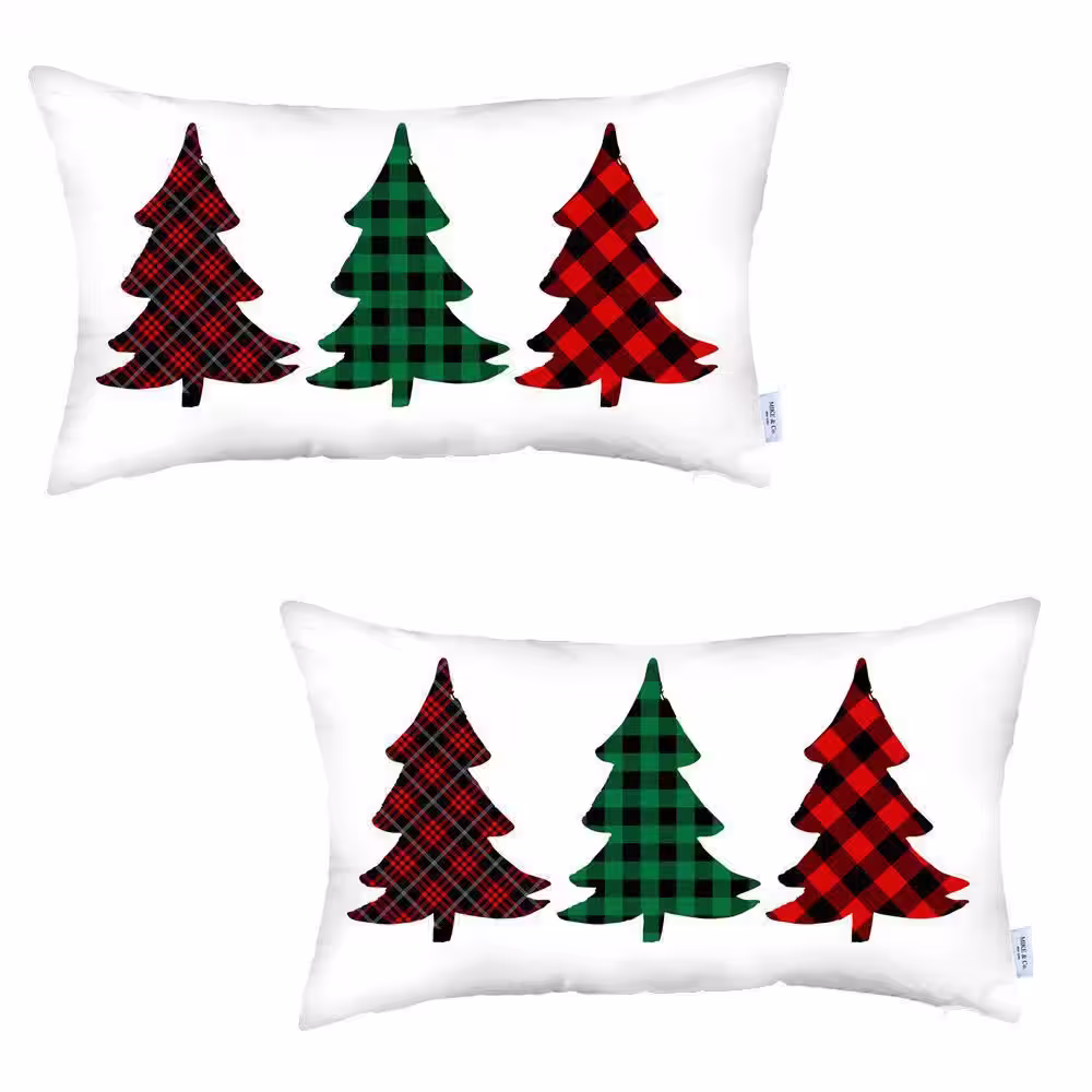 None Decorative Christmas Tree Throw Pillow Cover Lumbar 12 in. x 20 in. White and Red for Couch, Bedding (Set of 2)