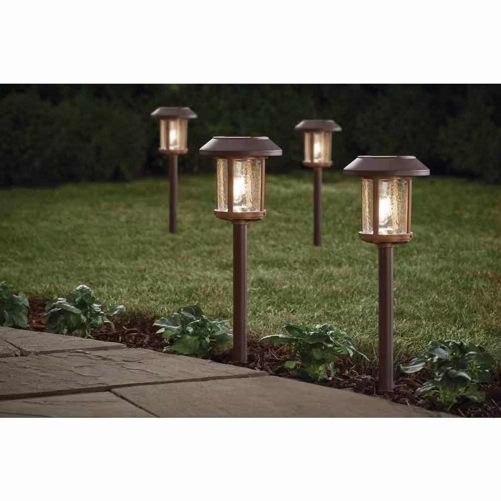 Hampton Bay Lockhart Solar Bronze and Warm Wood LED Path Light 14 Lumens with Ice Glass Lens and Vintage Bulb 2-Tone (4-Pack)