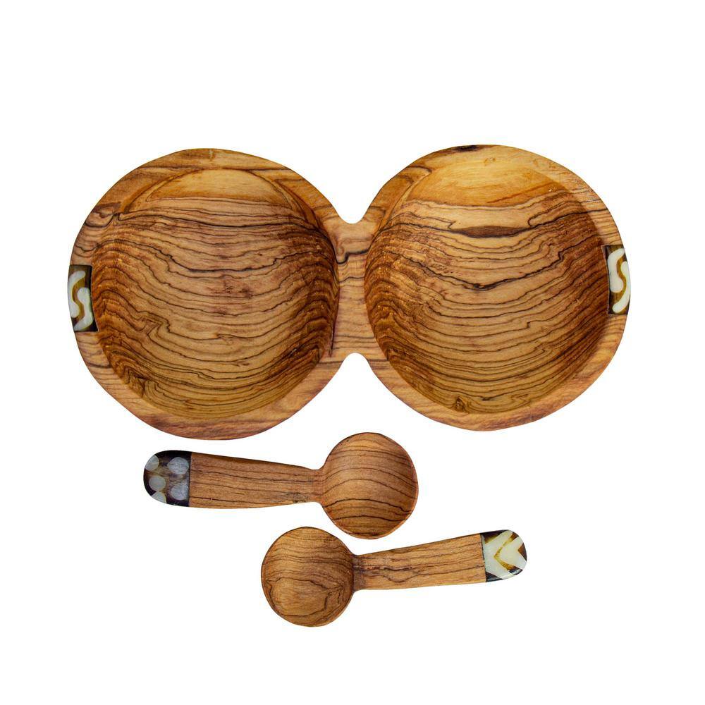 None Rustic Olive Brown Tray with 2-Round Scoops