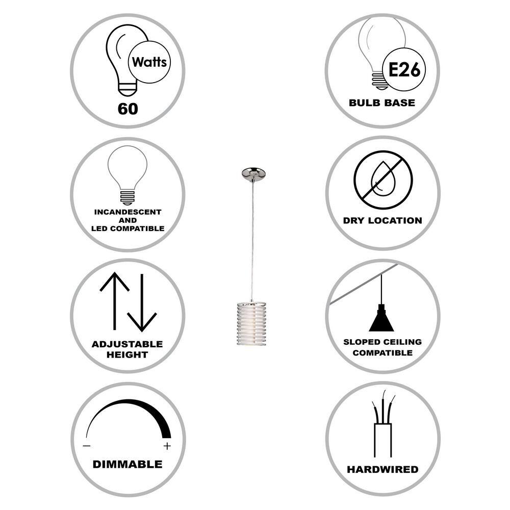 Bel Air Lighting Avenue 1-Light Polished Chrome Mini Pendant Light Fixture with Frosted Acrylic and Metal Spiral Shade