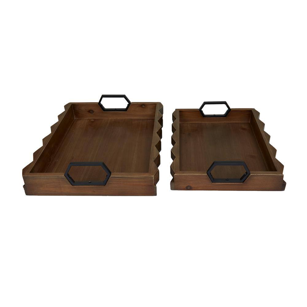 Litton Lane Dark Brown Wood Decorative Tray with Metal Handles (Set of 2)