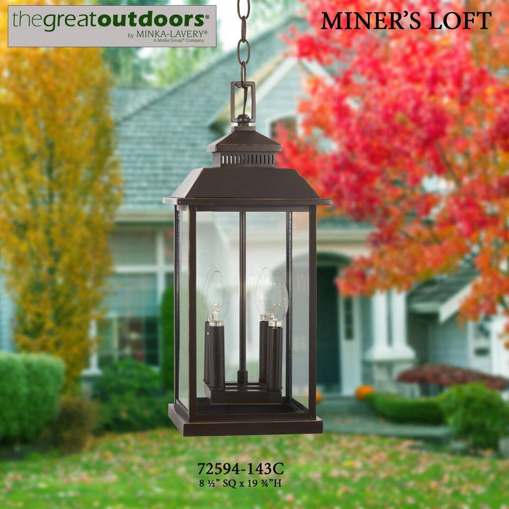 The Great Outdoors Miner's Loft Oil Rubbed Bronze Outdoor 4-Light Hanging Light with Gold Highlights