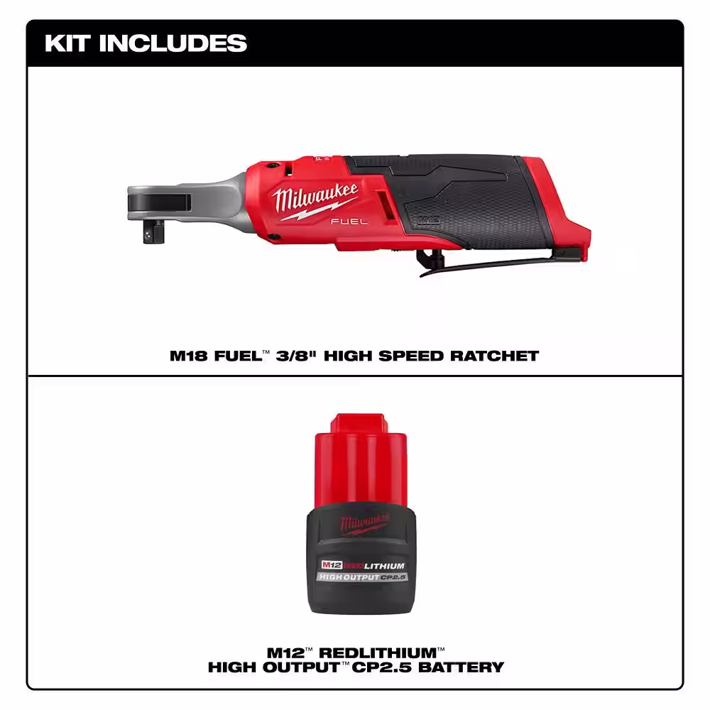 Milwaukee M12 FUEL 12-Volt Lithium-Ion Brushless Cordless High Speed 3/8 in. Ratchet w/CP High Output 2.5 Ah Battery Pack