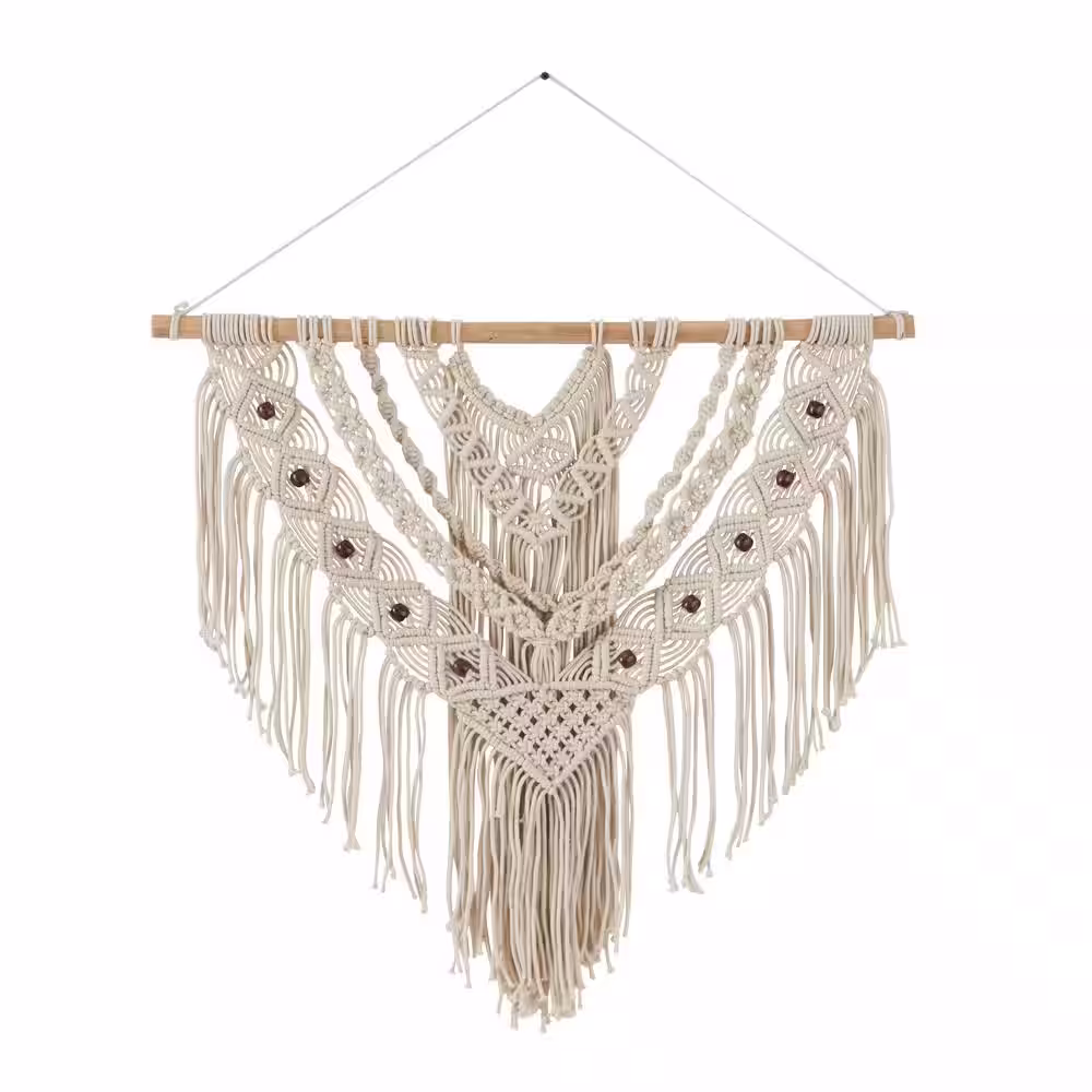 Litton Lane Cotton Cream Intricately Weaved Macrame Wall Decor with Beaded Fringe Tassels