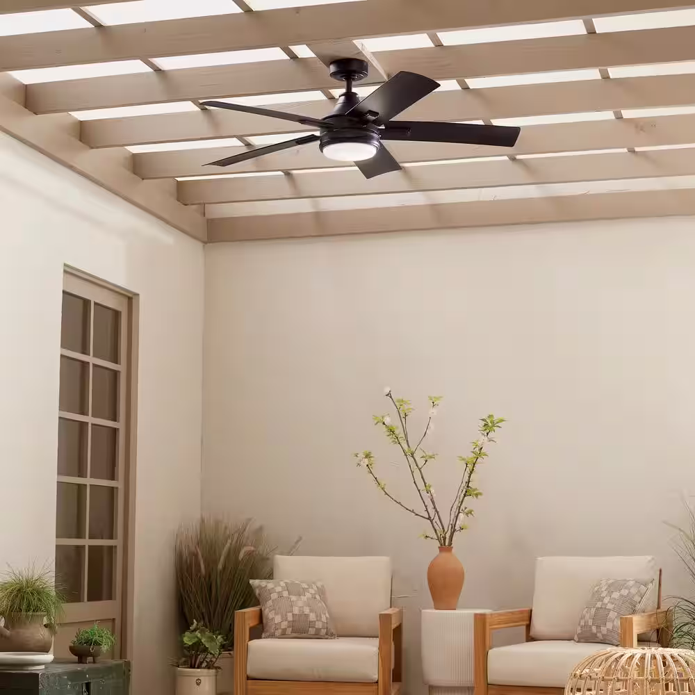 KICHLER Tide WeatherPlus 52 in. Integrated LED Outdoor Satin Black Downrod Mount Ceiling Fan with Remote Control