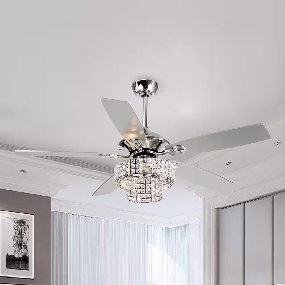 Parrot Uncle Howell 52 in. Indoor Downrod Mount Crystal Chrome Ceiling Fan Chandelier with Light Kit and Remote Control