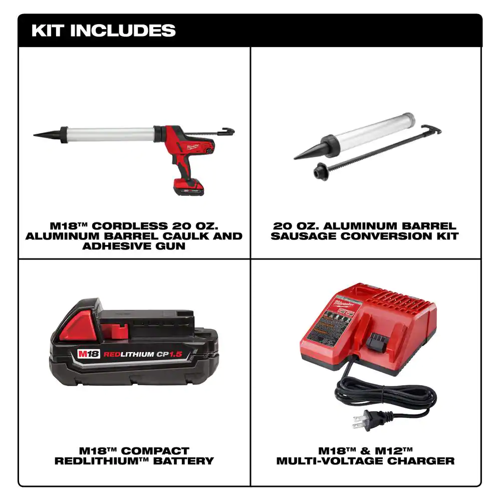 Milwaukee M18 18V Lithium-Ion Cordless 20 oz. Caulk and Adhesive Gun Kit Aluminum Sausage w/(1) 1.5Ah Battery, Charger