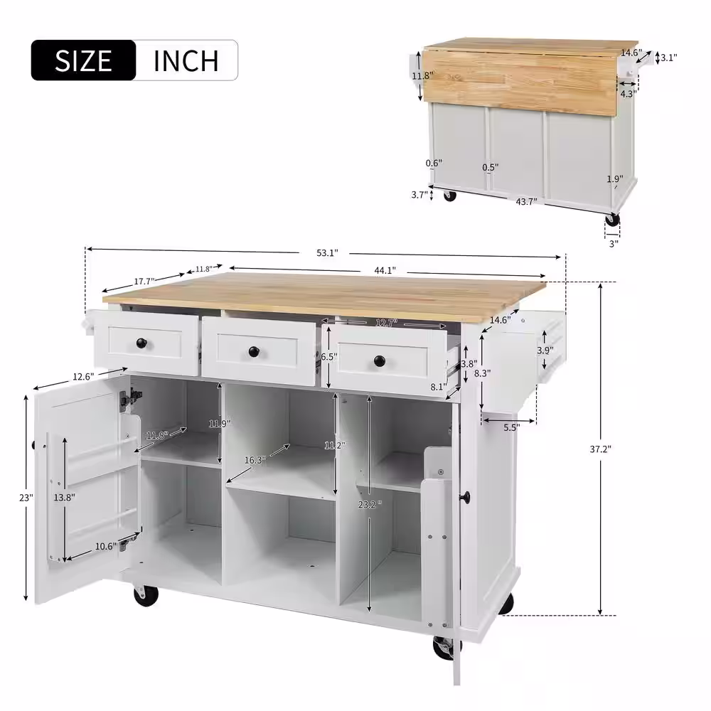 None White Rubber Wood Desktop 53 in. W Kitchen Island on 5-Wheels with Storage Cabinet and 3-Drawers