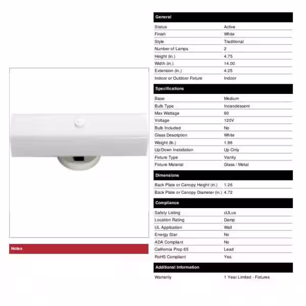 SATCO Nuvo 14 in. 2-Light White Vanity Light with White Channel Glass Shade