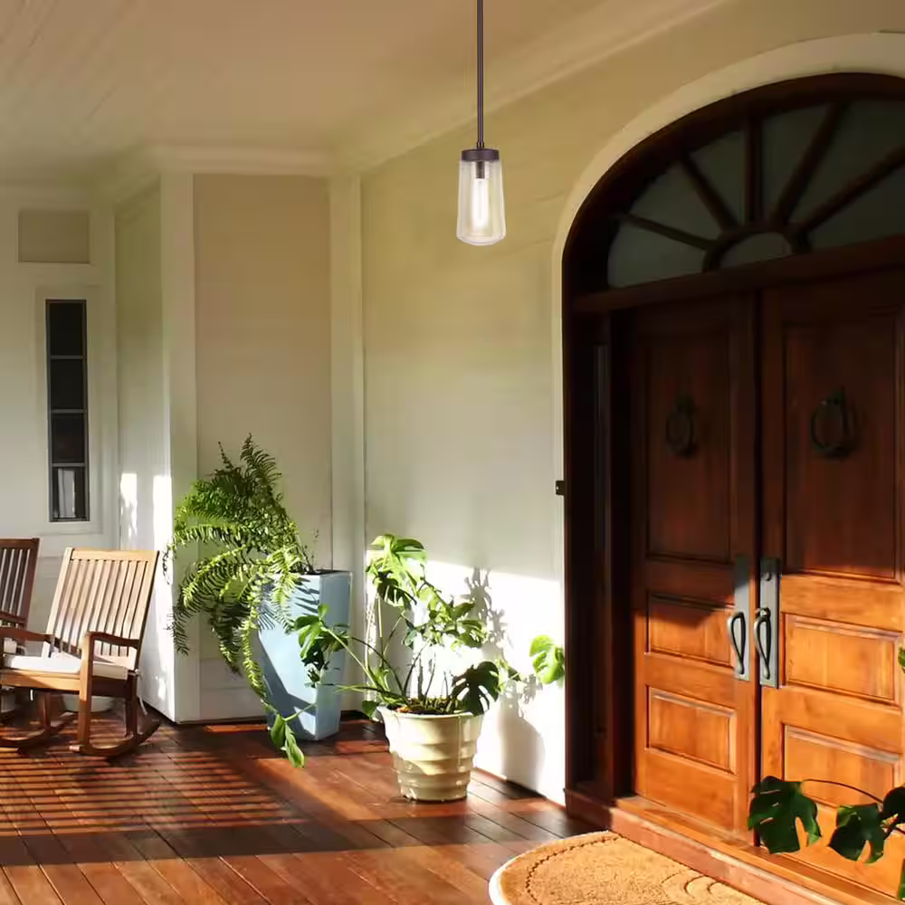 Globe Electric Tyson 1-Light Dark Bronze Outdoor Indoor Pendant with Clear Seeded Glass Shade, Incandescent Bulb Included