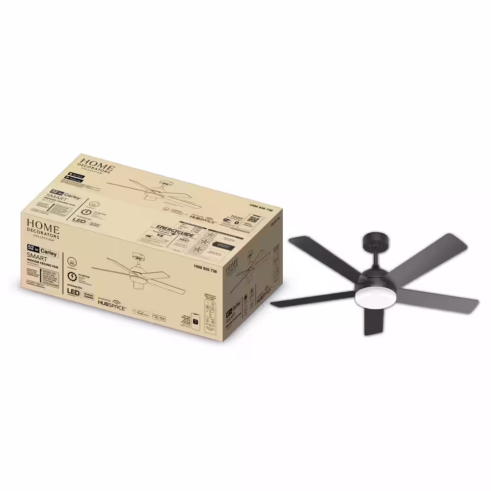 Home Decorators Collection Carley 52 in. Integrated LED Indoor Matte Black Smart Ceiling Fan with Remote Control and CCT Powered by Hubspace