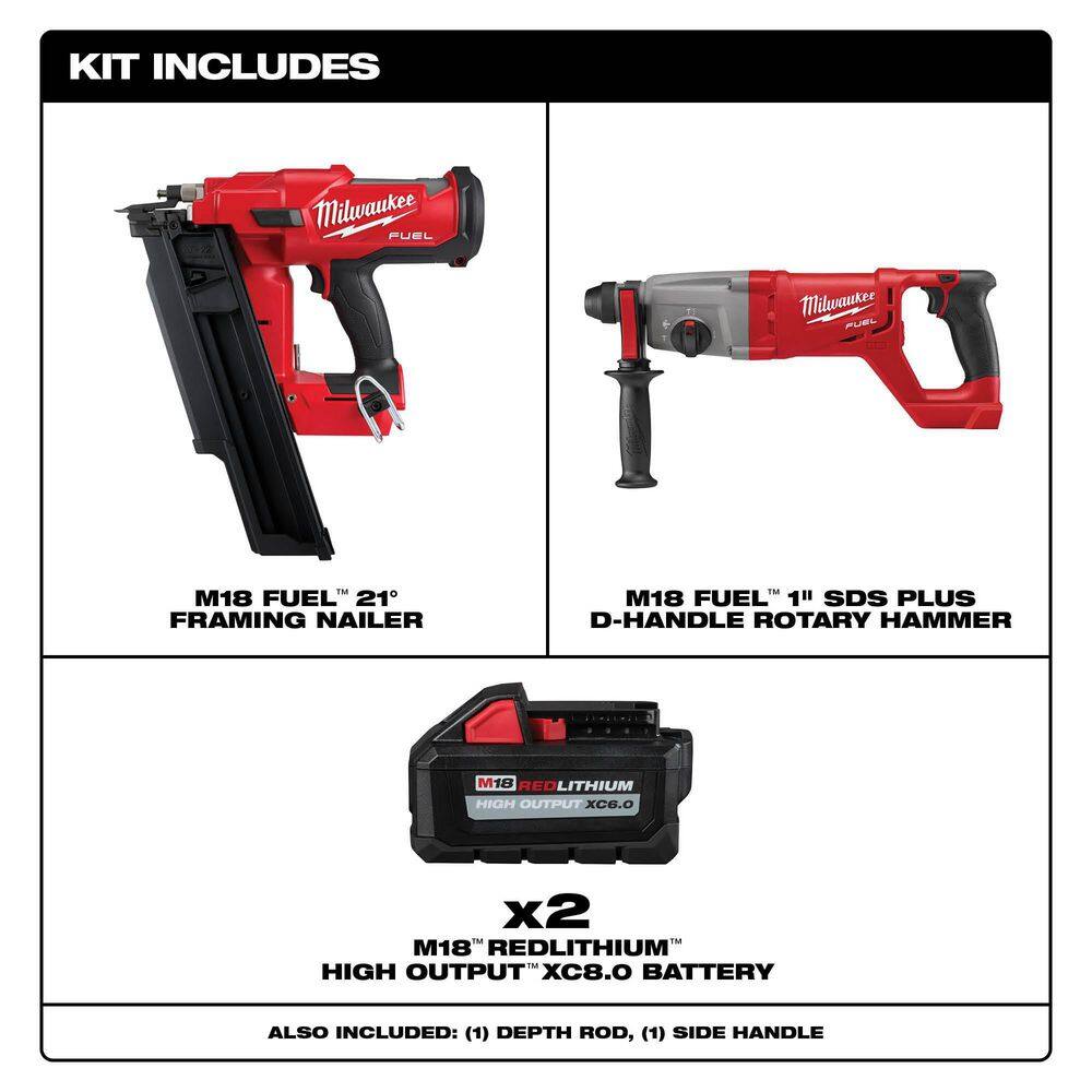 Milwaukee M18 FUEL 3-1/2 in. 18-Volt 21-Degree Lithium-Ion Brushless Cordless Nailer w/1 in. Rotary Hammer, Two 6Ah HO Batteries