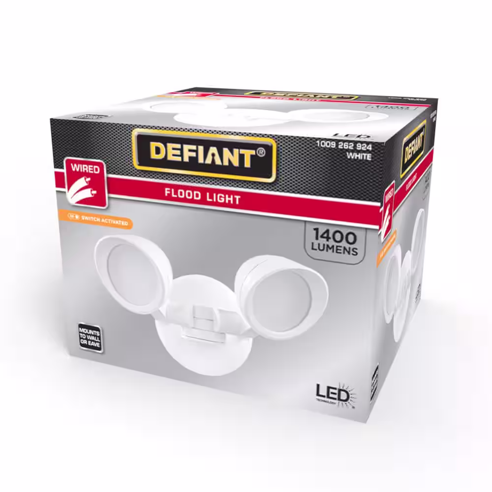 Defiant White Switch Activated Wired Outdoor 2-Head LED Integrated Security Flood Light 1400 Lumens