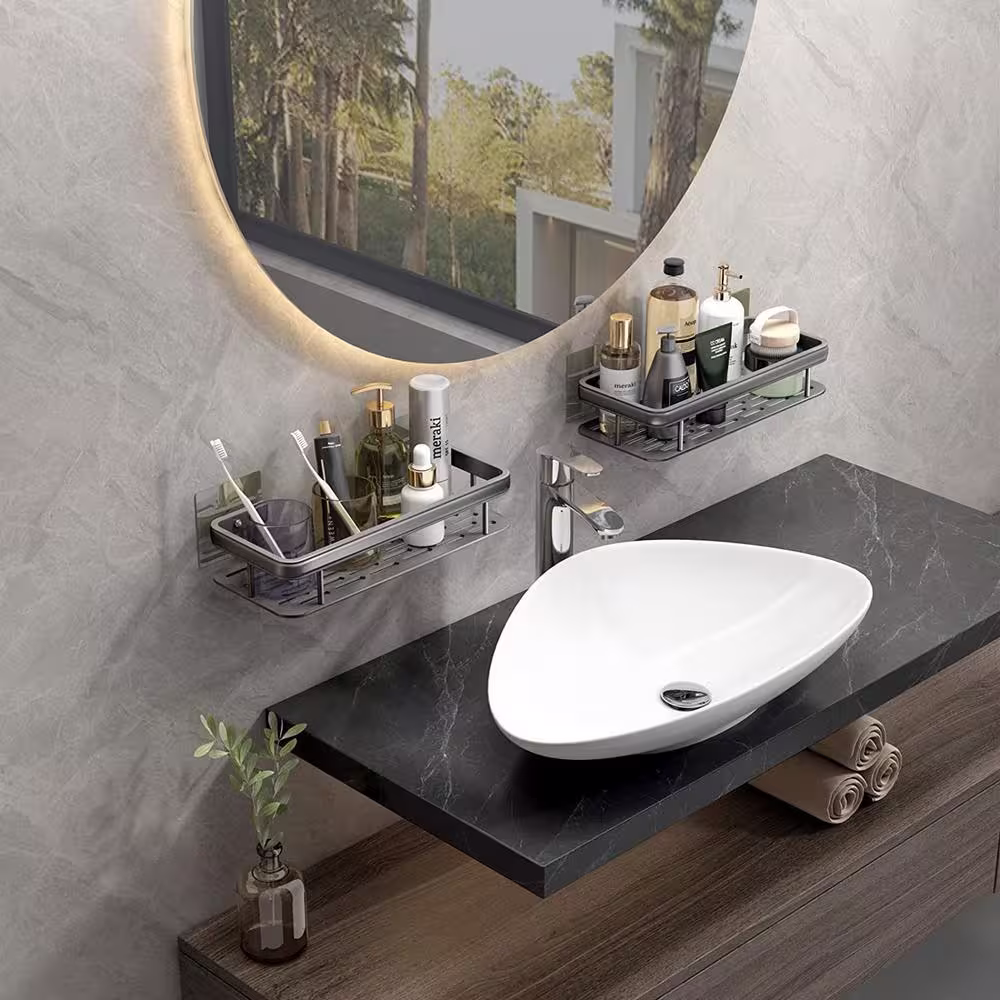 Aoibox 1 Pack Gray Sponge Holder for Kitchen Sink Adhesive Sponge Caddy Shower Shelf with Hooks Stuck No Drilling