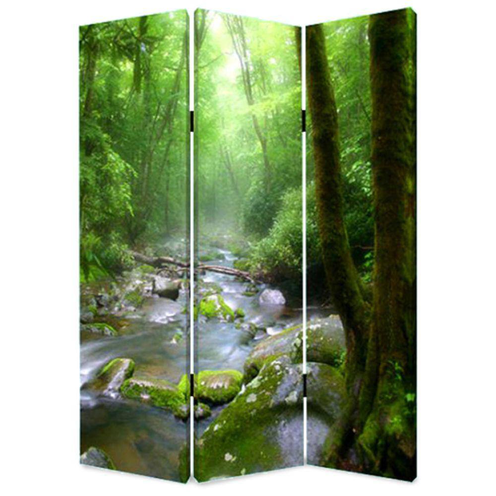 Benjara Green 3 Panel Foldable Canvas Screen with Rainforest Print