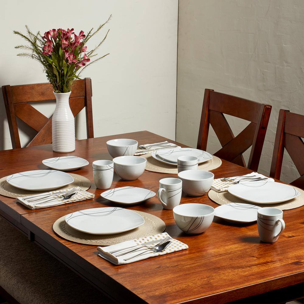 Tabletops Gallery Alec 16-Piece Casual White with Black Design Ceramic Dinnerware Set (Service for 4)