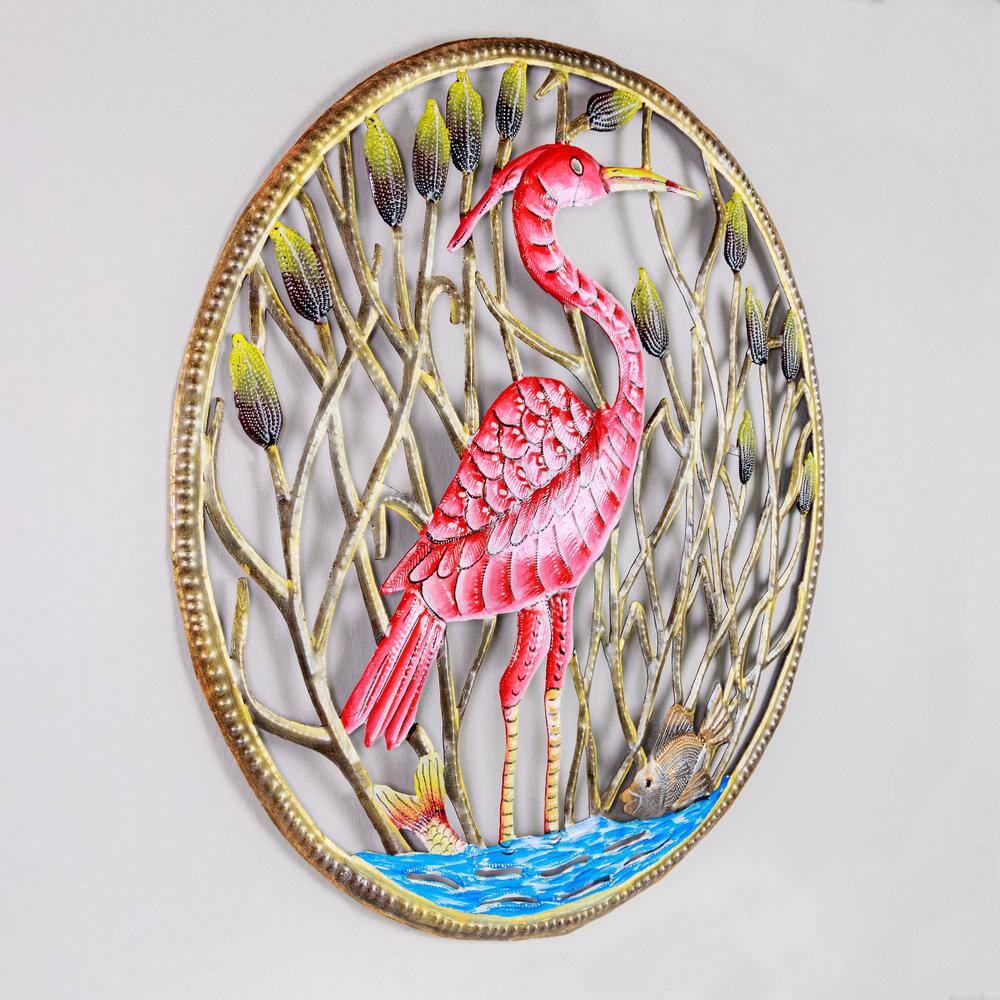 None Flamingo in Reeds Haitian Steel Drum Wall Art