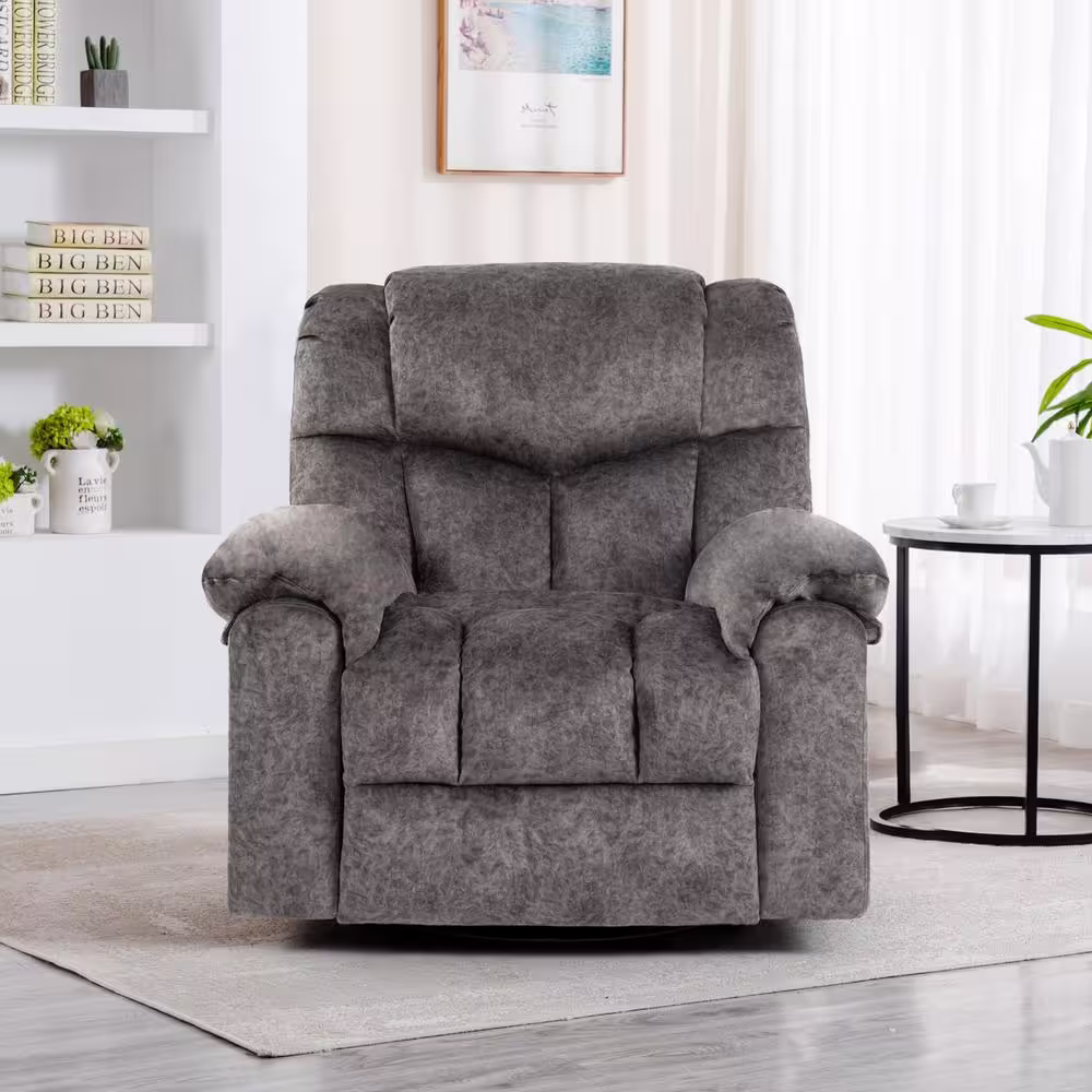 None Grey Swivel and Rocking Recliner Chair with Massage and Heating Bonded Leather Sofa