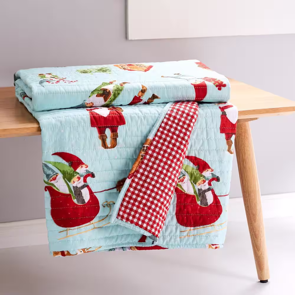 None Merry and Bright Gnome for the Holidays Multi-Color Gnome/Check Pattern Quilted Microfiber Throw Blanket