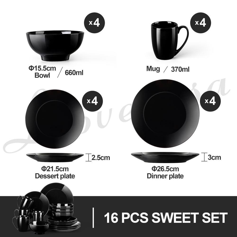 LOVECASA Sweet 16-Piece Black Dinnerware Sets (Service for 4)