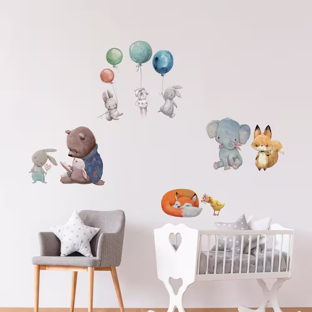 None Grey Semi-Gloss Watercolor Animals Wall Stickers