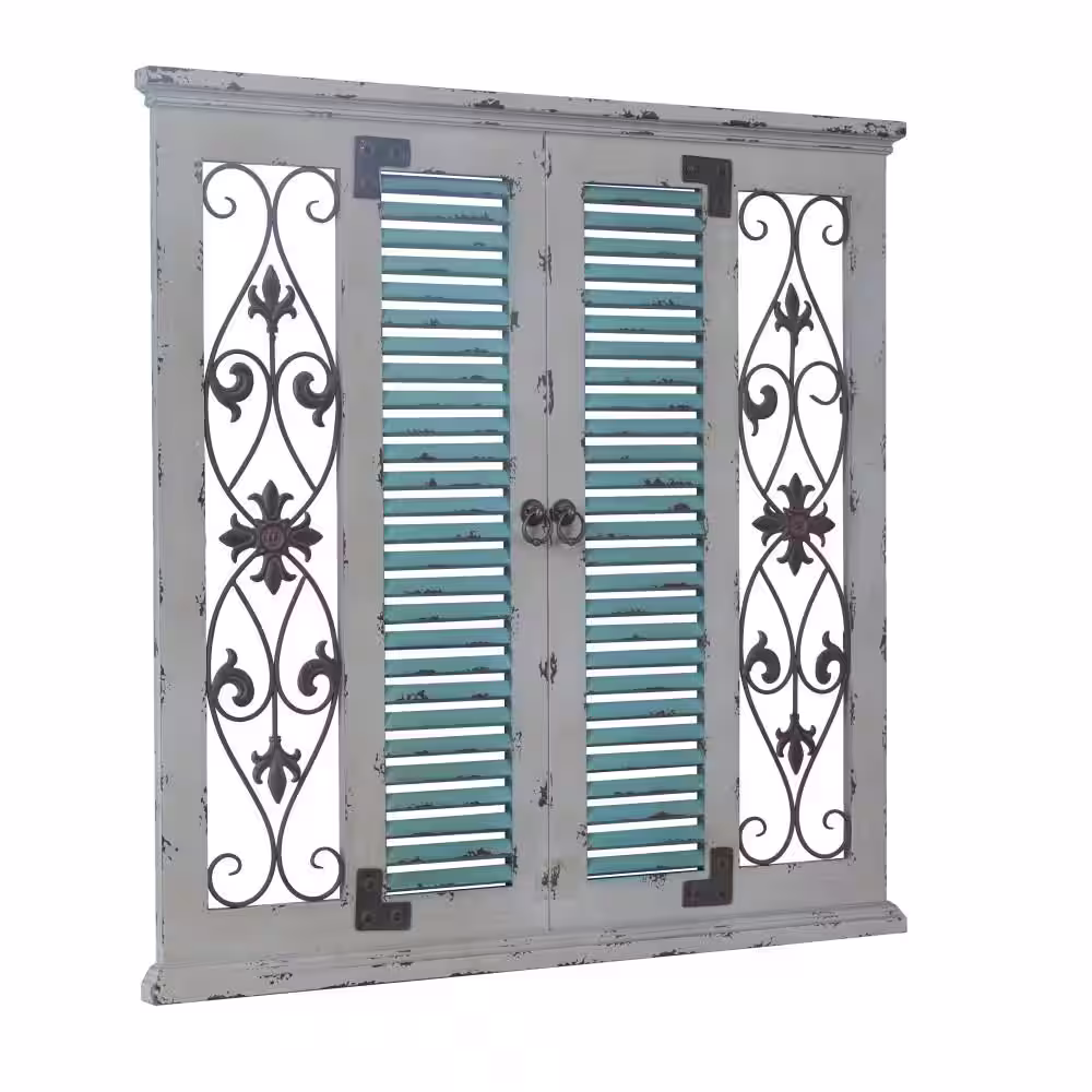 Litton Lane Wood Beige Window Shutter Scroll Wall Decor with Metal Scrollwork Relief