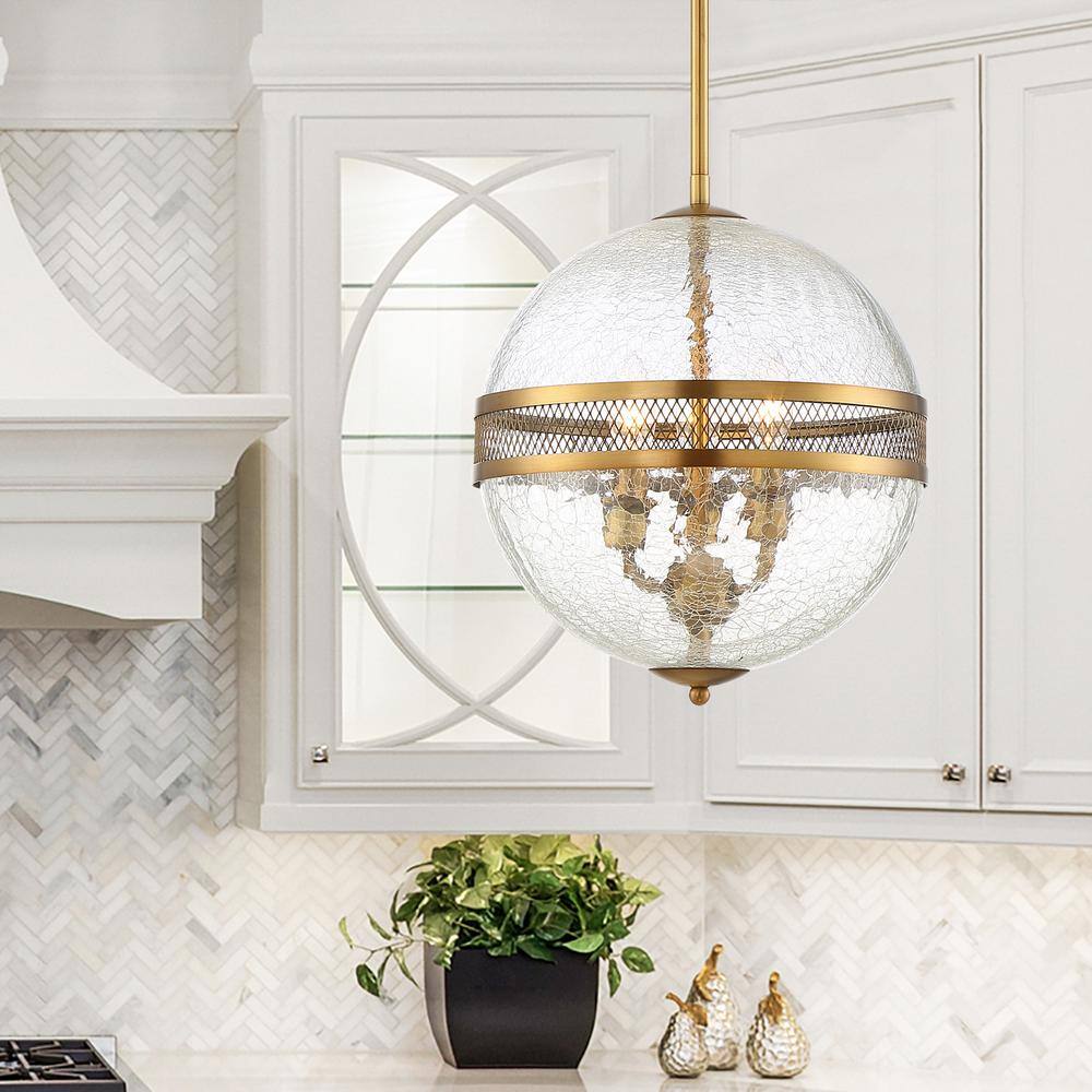 Savoy House Stirling 12 in. W x 13 in. H 3-Light Warm Brass Shaded Pendant Light with Seeded Glass Shade