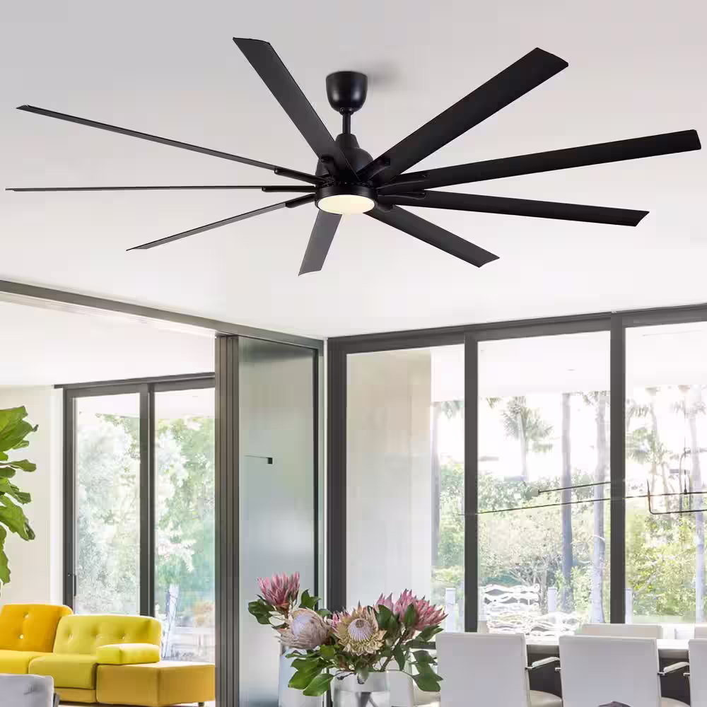 None 84 in. Windmill Integrated Dimmable LED Indoor Large Black Industrial Ceiling Fan with Remote and DC Reversible Motor