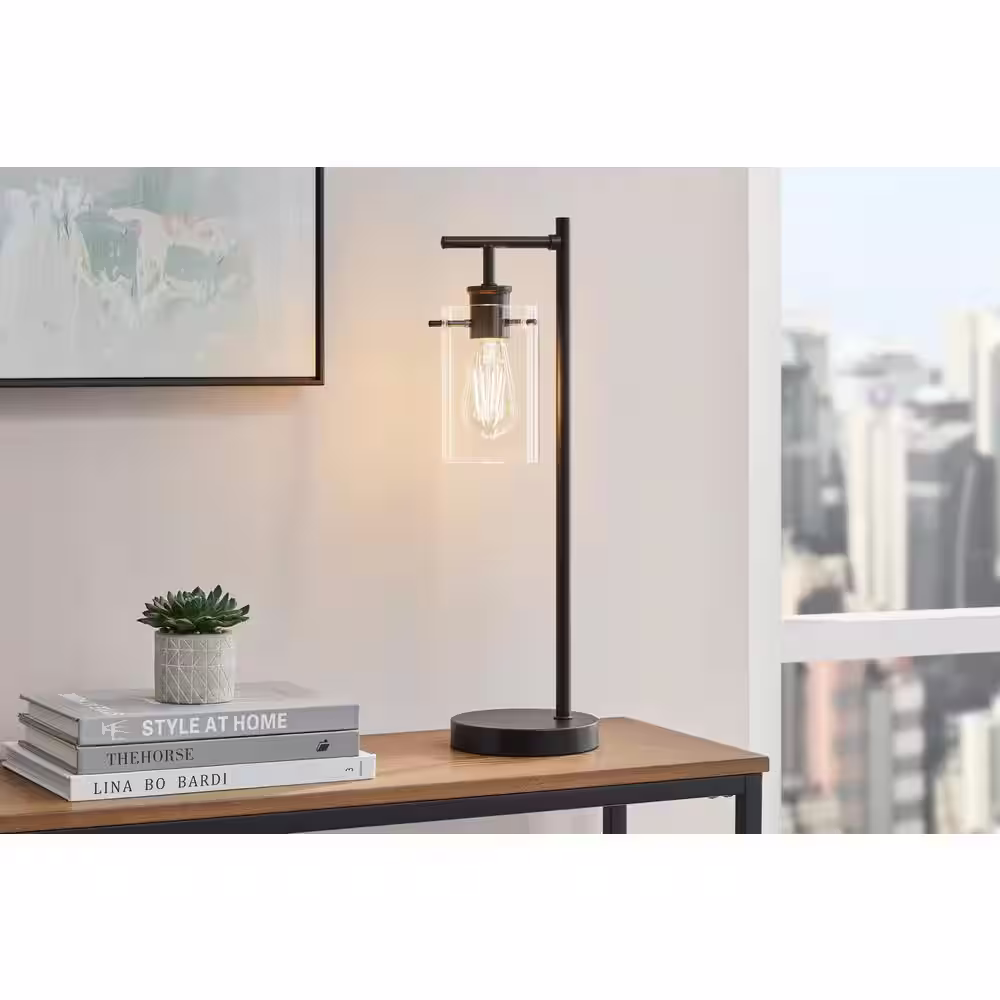 Hampton Bay Regan 20 in. Matte Black Table Lamp with Clear Glass Shade