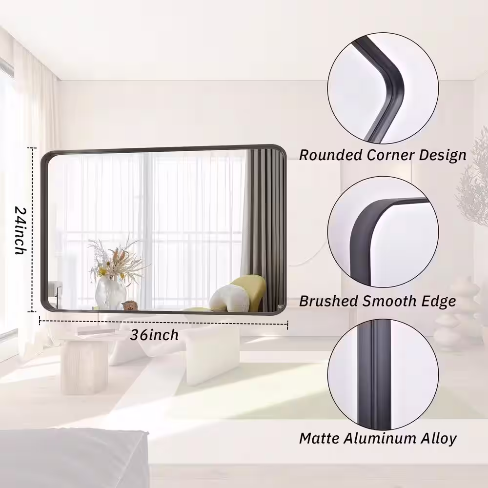 XRAMFY 24 in. W x 36 in. H Rectangular Modern Aluminum Framed Rounded Black Wall Mirror