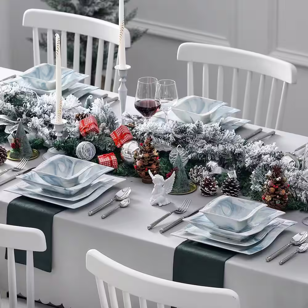 MALACASA Flora 26-Piece Marble Blue Porcelain Dinnerware Set (Service For 6)